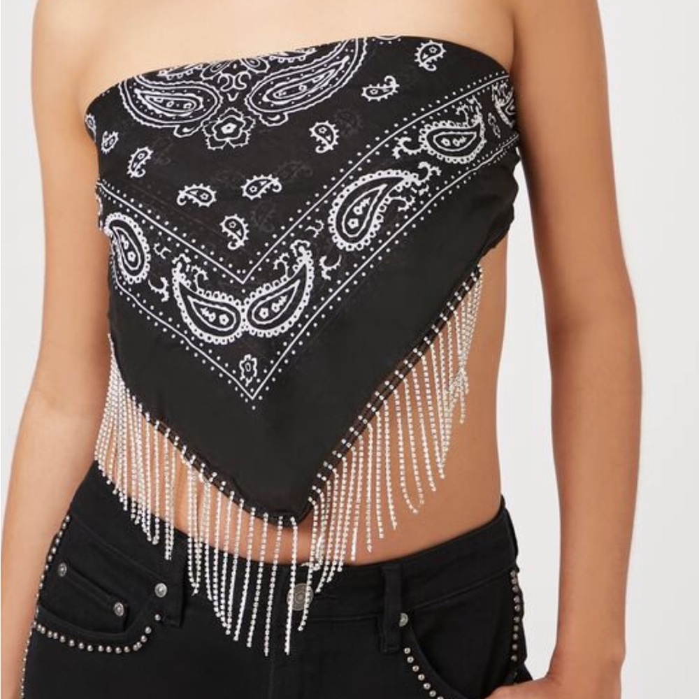 Black bandana tie top with rhinestone fringe